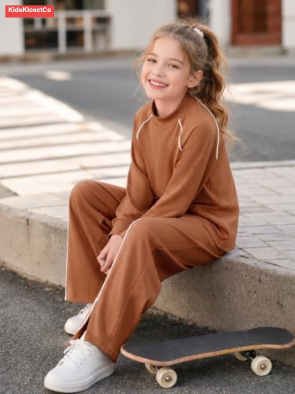 Girls 2 Piece Sweatshirt Wide Leg Pants Set Raglan Sleeve Split Hem - Picture 5 of 6